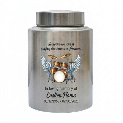 Personalized Drum Music Lover Stainless Steel Cremation Urn, Customizable Burial Ash Receptacle For Adult Male Female Musician Loved One, Memorial Keepsake Urn, Memorial Gift, In Loving Memory - Image 1