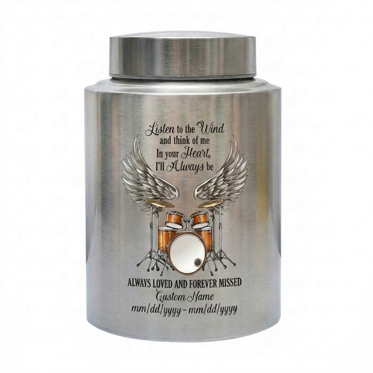 Personalized Drum Music Lover Stainless Steel Cremation Urn Funeral Remembrance for Loved One Adult Men Women Listen to the Wind Quote Memorial Keepsake Urn, Memorial Gift, In Loving Memory - Image 2
