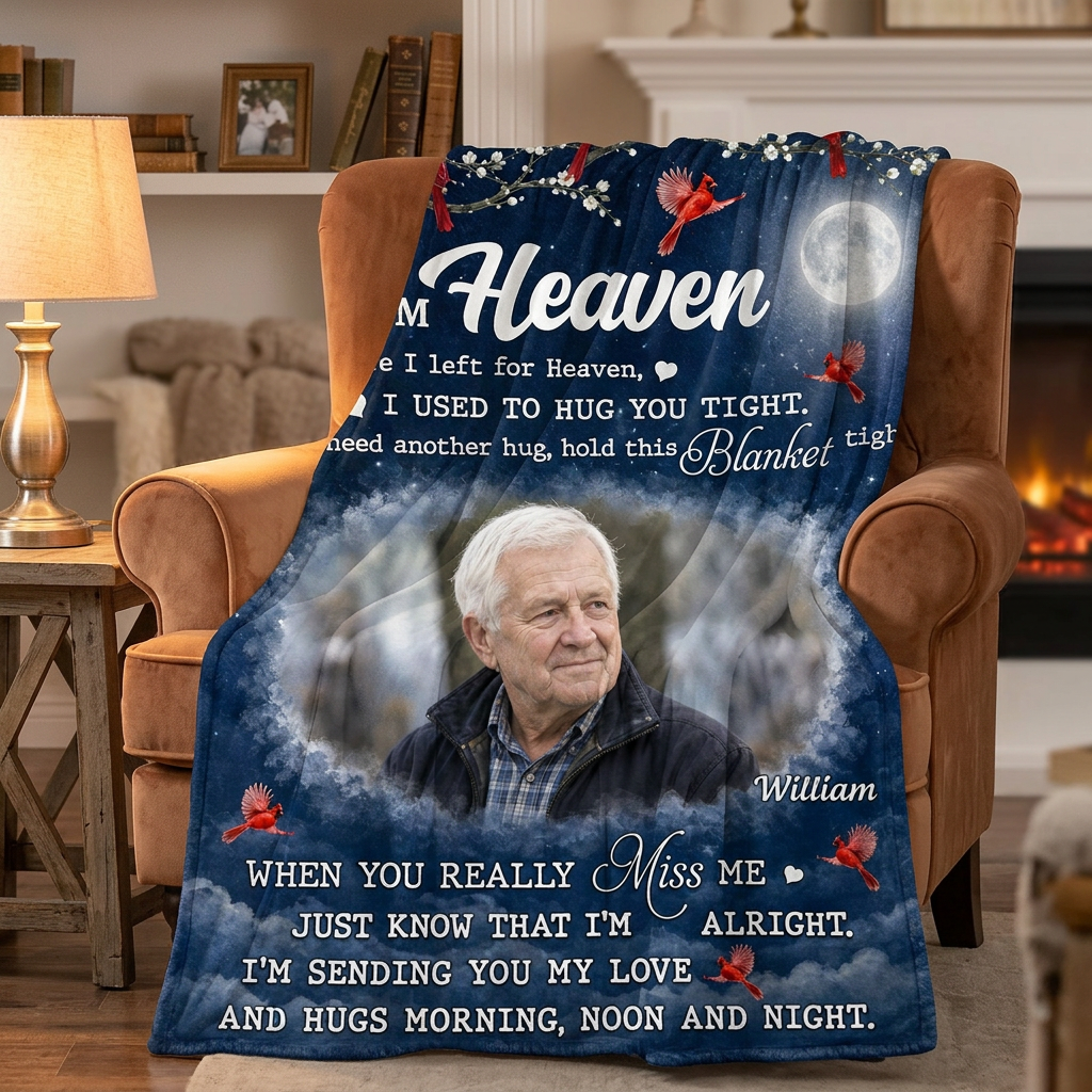 Personalized Hugs From Heaven Memorial Photo Fleece Blanket - Loss of Father Sympathy Gift - Image 2