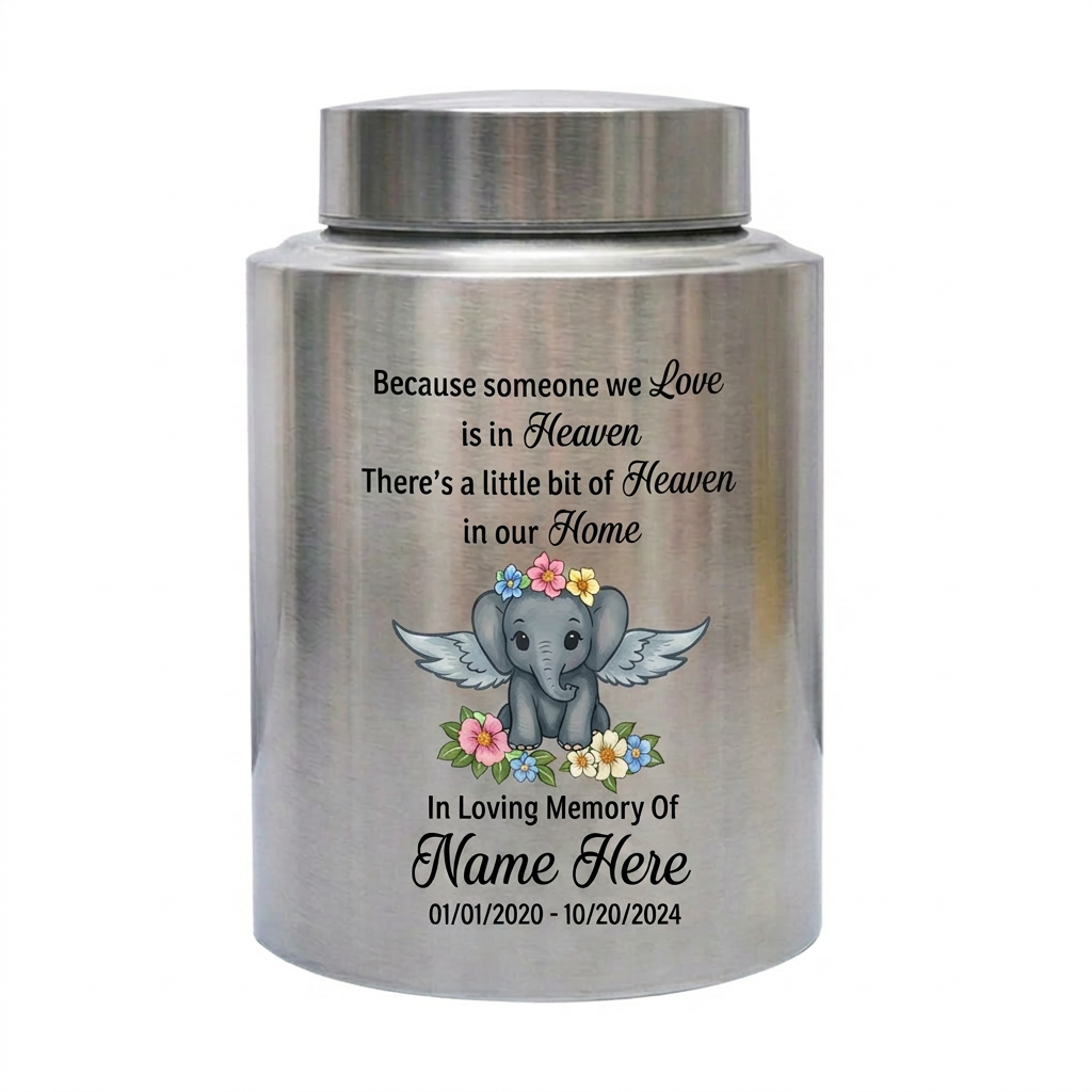 Personalized Baby Elephant Stainless Steel Cremation Urn for Infant Boy Girl Ashes Custom Because Someone We Love is in Heaven UV Print Decor Memorial Keepsake Urn, Memorial Gift, In Loving Memory - Image 2
