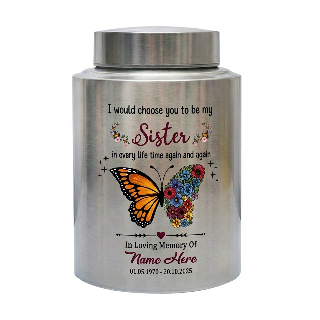 Personalized Sister Butterfly Floral UV Print Cremation Urn for Human Ashes, Loss of Sister or Bestie Bereavement Ash Holder Large, Memorial Keepsake Urn, Memorial Gift, In Loving Memory - Image 2