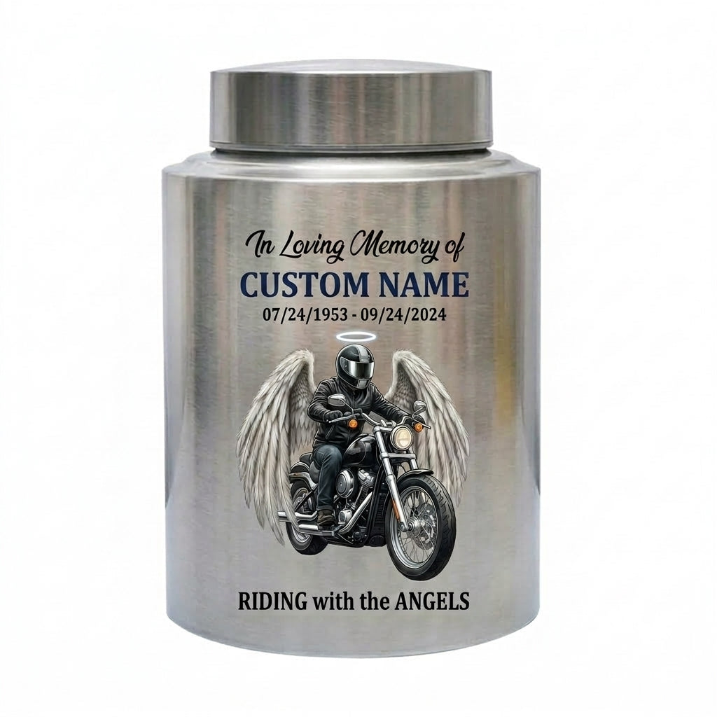 Personalized Motorcycle Biker Stainless Steel Decorative Urn for Human Ashes Adult Male Dad Husband Custom Large UV Printed Memorial Keepsake Urn, Memorial Gift, In Loving Memory - Image 2