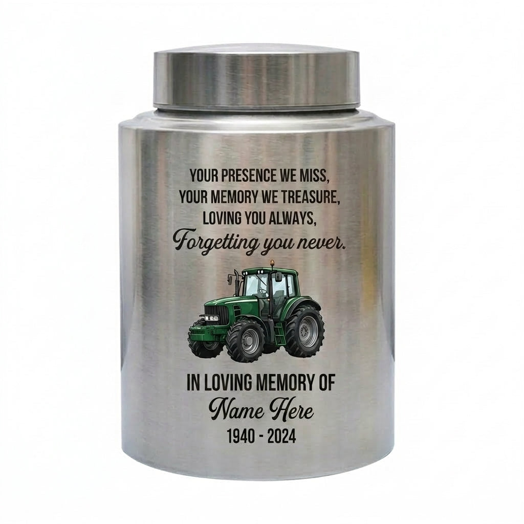 Personalized Farmer UV Printed Urn Forgetting You Never Dad Grandfather Husband Funeral Display Bereavement Tribute Ash Holder Two Sizes Memorial Keepsake Urn, Memorial Gift, In Loving Memory - Image 2