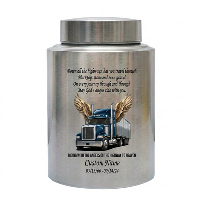 Personalized Semi Truck Angel Wings Large Stainless Steel Cremation Urn for Truck Driver Husband Father Grandfather Highway to Heaven UV Print Memorial Keepsake Urn, Memorial Gift, In Loving Memory - Image 2