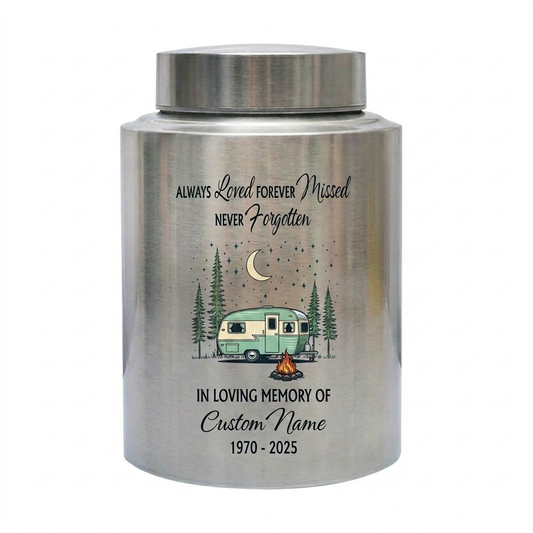 Personalized Forest Camping Outdoor Camper UV Printed Stainless Steel Funeral Bereavement Tribute for Nature Enthusiast Hiker 4 Colors Memorial Keepsake Urn, Memorial Gift, In Loving Memory - Image 2
