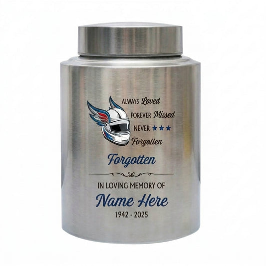 Personalized Racing Victory Stainless Steel Cremation Urn for Human Ashes Motorsports Fan Remembrance Bereavement Tribute 5.9x3.9 7.5x5.1 Memorial Keepsake Urn, Memorial Gift, In Loving Memory - Image 2