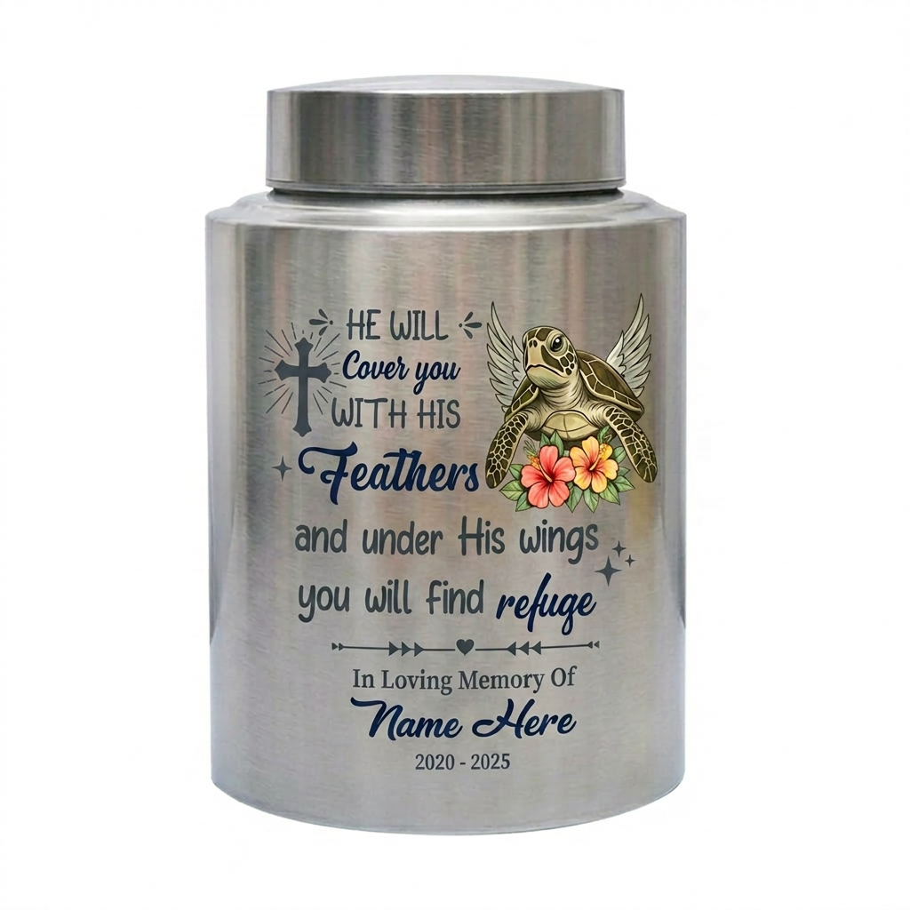 Personalized Sea Turtle Christian Cremation Urn for Human Ashes, He Will Cover You With His Feathers, Custom Name & Dates, Small & Large, Memorial Keepsake Urn, Memorial Gift, In Loving Memory - Image 2