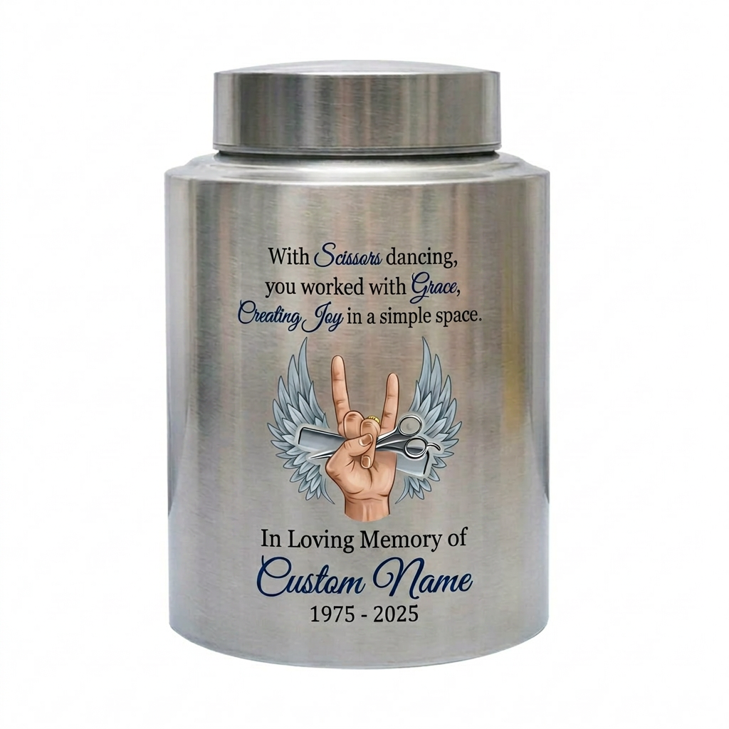 Personalized Master Barber Hair Stylist UV Printed Stainless Steel Cremation Urn for Ashes Custom Name Date Hairdresser Colleague Memorial Keepsake Urn, Memorial Gift, In Loving Memory - Image 2