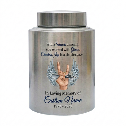 Personalized Master Barber Hair Stylist UV Printed Stainless Steel Cremation Urn for Ashes Custom Name Date Hairdresser Colleague Memorial Keepsake Urn, Memorial Gift, In Loving Memory - Image 2