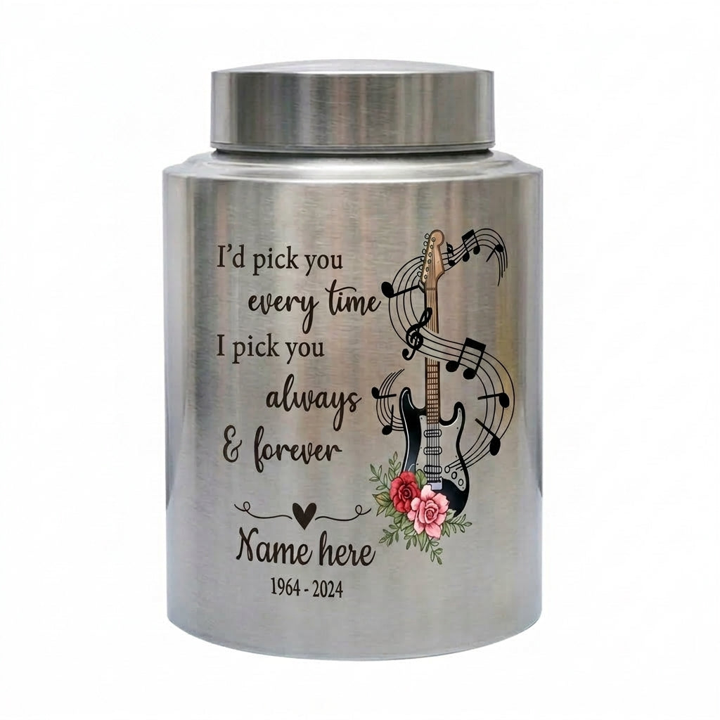 Personalized Guitar Stainless Steel Cremation Urn for Husband Wife Partner Music Lover Musician Loved One Large or Small Memorial Keepsake Urn, Memorial Gift, In Loving Memory - Image 2