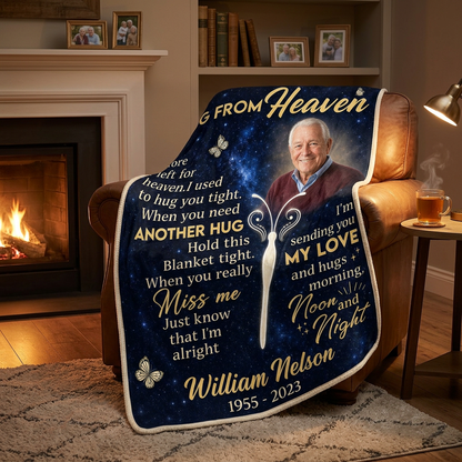 Personalized Memorial Photo Fleece Blanket - A Hug From Heaven Sympathy Gift for Loss of Dad - Image 2