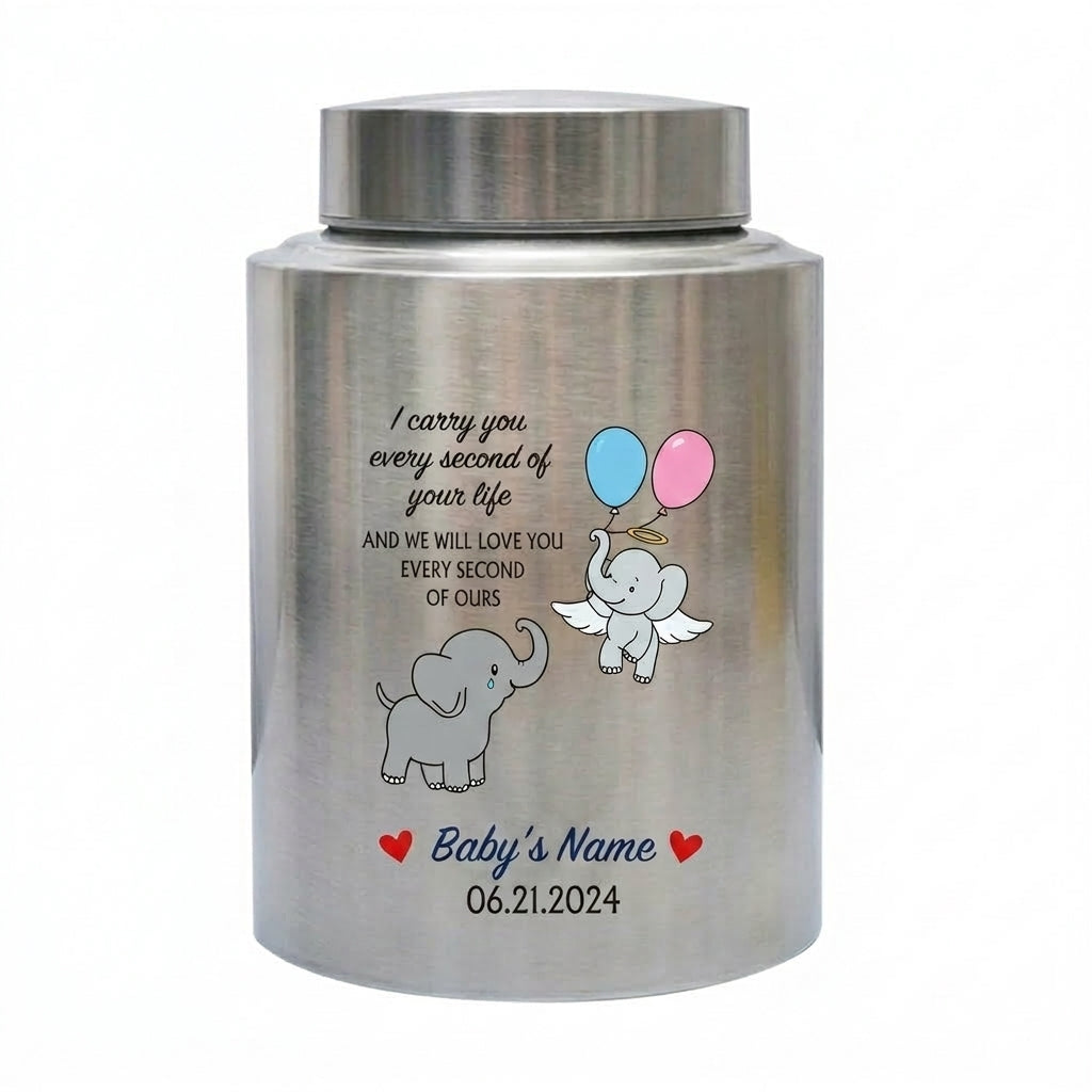 Personalized Angel Baby Elephant Grieving Stainless Steel Urn For Infant Loss Miscarriage Child Memory Large 7.5x5.1 UV Printed Decor Memorial Keepsake Urn, Memorial Gift, In Loving Memory - Image 2