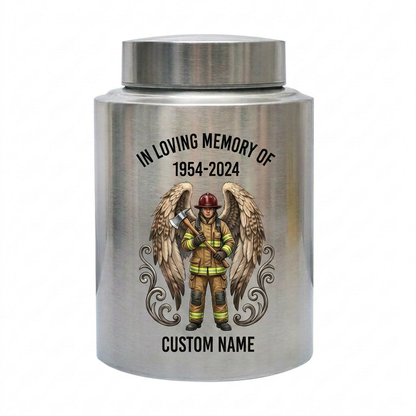 Personalized Firefighter Urn for Human Ashes, Custom Name Date Fireman Angel Wings Cremation Jar, Decorative Stainless Steel Loss Tribute, Memorial Keepsake Urn, Memorial Gift, In Loving Memory - Image 2
