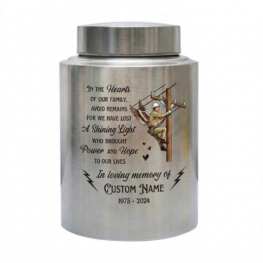 Personalized Lineman Electrician Stainless Steel Funeral Tribute For Dad Husband Colleague Human Ashes Decorative Container Silver Black Gold Memorial Keepsake Urn, Memorial Gift, In Loving Memory - Image 2