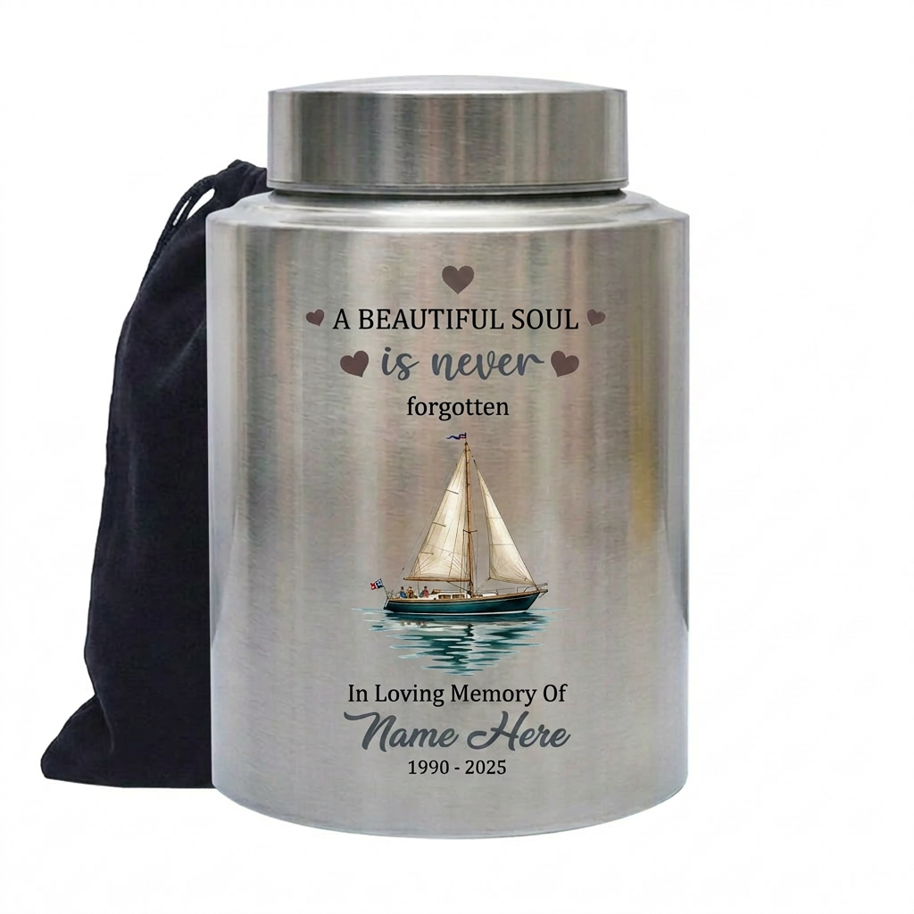 Personalized Sail Boat Stainless Steel Cremation Urn for Adult Male Female Dad Mom Large 7.5x5.1 Small 5.9x3.9 Silver Black Gold Red Memorial Keepsake Urn, Memorial Gift, In Loving Memory - Image 2