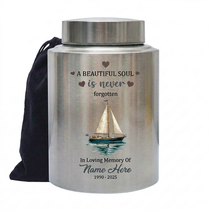 Personalized Sail Boat Stainless Steel Cremation Urn for Adult Male Female Dad Mom Large 7.5x5.1 Small 5.9x3.9 Silver Black Gold Red Memorial Keepsake Urn, Memorial Gift, In Loving Memory - Image 2