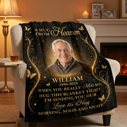 Personalized Memorial Photo Blanket - A Hug From Heaven Fleece Blanket for Loss of Dad, Husband - Image 2