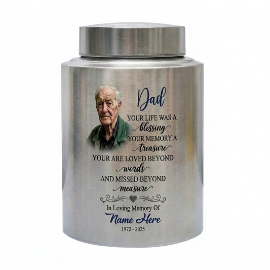 Personalized Dad Your Life Was A Blessing Custom Name Date UV Printed Stainless Steel Cremation Ash Container Loss Of Father Parent Bereavement Memorial Keepsake Urn, Memorial Gift, In Loving Memory - Image 2