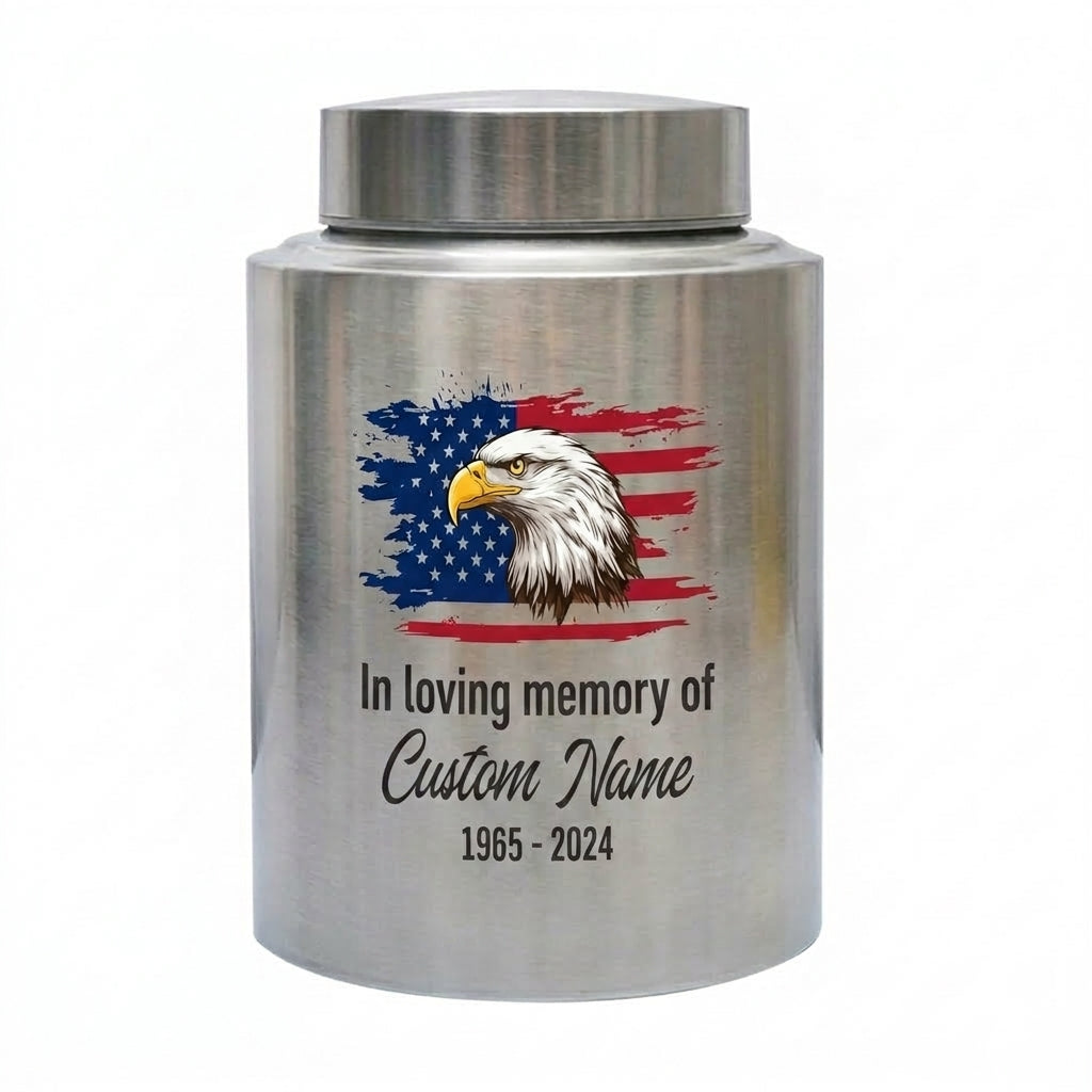 Personalized Eagle Cremation Urn for Human Ashes Adult Men Dad Veteran, UV Printed Metal Tribute Ash Container in Small 5.9in or Large 7.5in, Memorial Keepsake Urn, Memorial Gift, In Loving Memory - Image 2