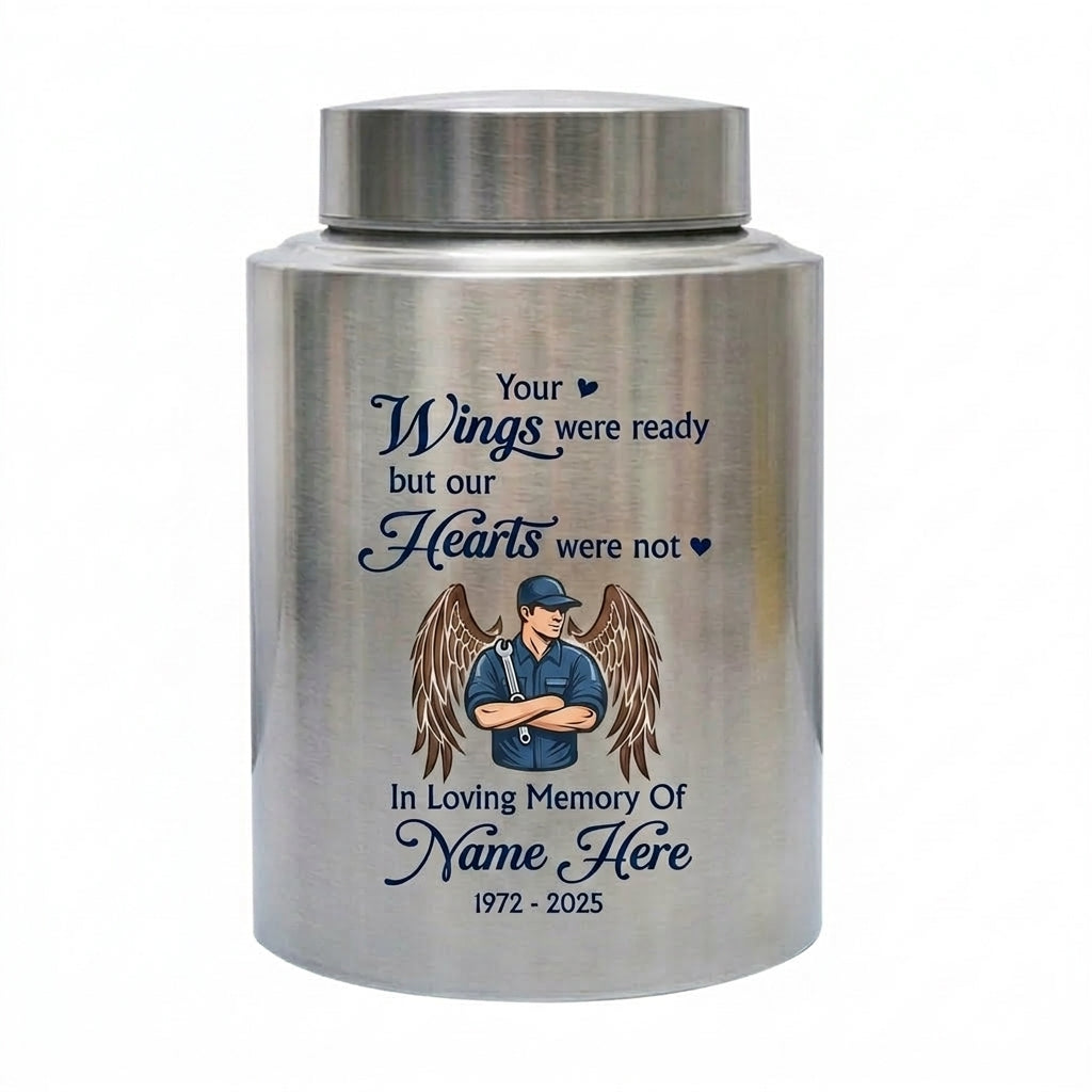 Personalized Mechanic Wings Were Ready But Our Hearts Were Not UV Printed Ash Holder For Dad Father Husband Loss Support Memorial Keepsake Urn, Memorial Gift, In Loving Memory - Image 2