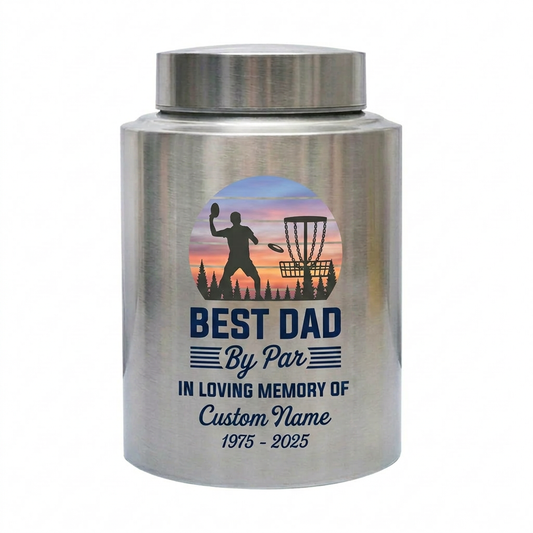 Personalized Disc Golf Dad By Par Sunset UV Printed Stainless Steel Cremation Vessel for Father Loss Sympathy Adult Ashes Small Large Sizes Memorial Keepsake Urn, Memorial Gift, In Loving Memory - Image 2