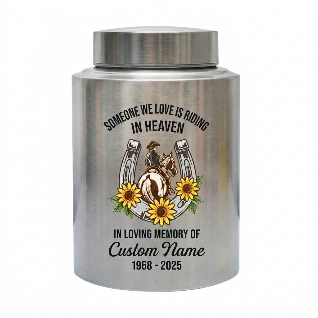 Personalized Cowgirl Horse Riding Stainless Steel UV Print Urn for Loss of Farmer Equestrian Bereavement Ash Holder Large Silver Black Gold Red Memorial Keepsake Urn, Memorial Gift, In Loving Memory - Image 2