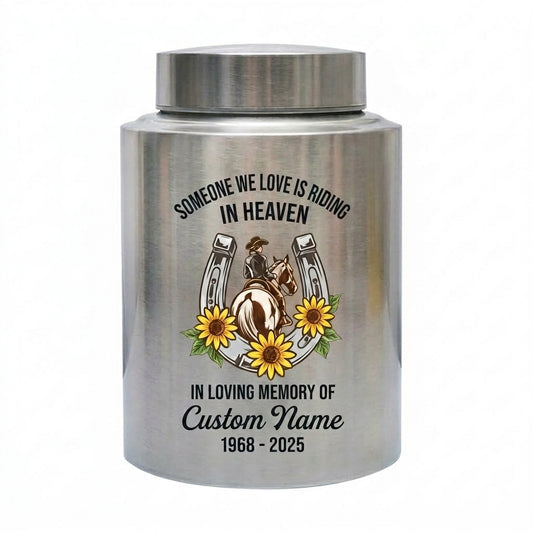 Personalized Cowgirl Horse Riding Stainless Steel UV Print Urn for Loss of Farmer Equestrian Bereavement Ash Holder Large Silver Black Gold Red Memorial Keepsake Urn, Memorial Gift, In Loving Memory - Image 2