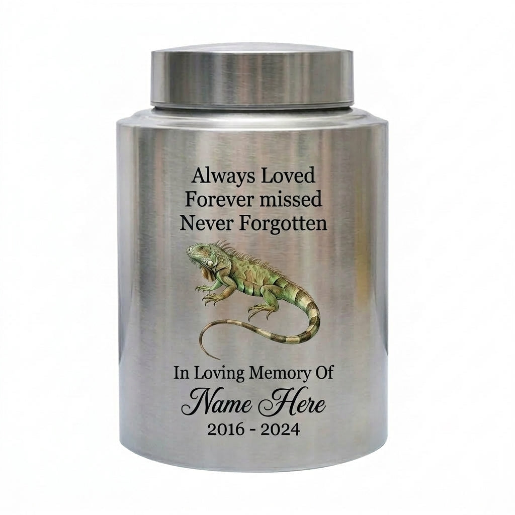 Personalized Iguana Cremation Urn for Human Ashes Stainless Steel Custom Name Dates UV Printed Reptile Lover Sympathy Keepsake 2 Sizes Memorial Keepsake Urn, Memorial Gift, In Loving Memory - Image 2