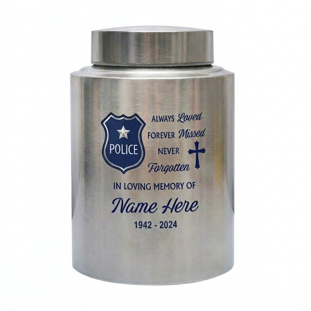 Personalized Police Officer Shield Badge Cross Stainless Steel UV Printed Law Enforcement Tribute Ash Holder Large Small Sizes Memorial Keepsake Urn, Memorial Gift, In Loving Memory - Image 2