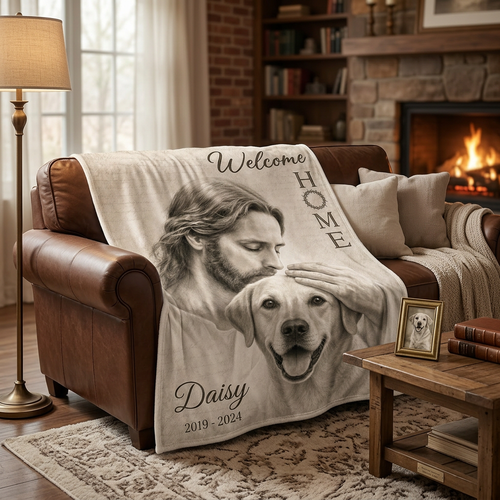 Personalized Pet Memorial Fleece Blanket - Custom Photo Dog Loss Sympathy Gift with Jesus Welcome Home - Image 2