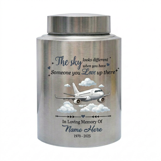 Personalized Flying Plane Pilot Cremation Urn Stainless Steel Aviation Enthusiast Adult Human Ashes UV Printed Silver Black Gold Red Small Large Memorial Keepsake Urn, Memorial Gift, In Loving Memory - Image 2
