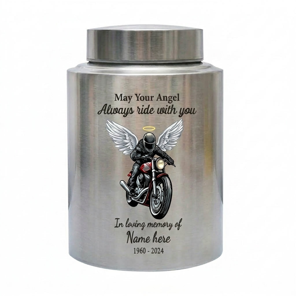 Personalized Motorcycle Riding in Heaven Stainless Steel Urn for Adult Male Dad Husband Biker Ashes, May Your Angel Always Ride With You, Memorial Keepsake Urn, Memorial Gift, In Loving Memory - Image 2