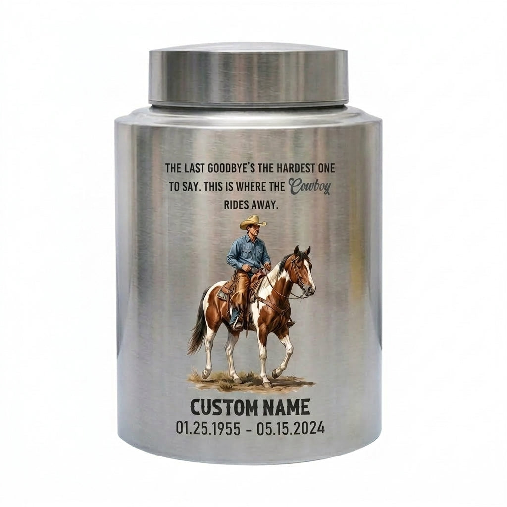 Personalized Cowboy Boots Hat Cross Stainless Steel Urn for Father Grandfather Husband Loss, Adult Human Ashes Funeral Display, Large Two Sizes, Memorial Keepsake Urn, Memorial Gift, In Loving Memory - Image 2