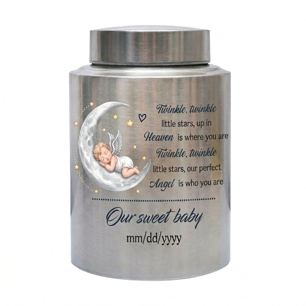 Personalized Baby Moon Stainless Steel Urn for Infant Child Boy Girl, Decorative Twinkle Star Nursery Urn, Custom Angel Funeral Ash Holder, Memorial Keepsake Urn, Memorial Gift, In Loving Memory - Image 2