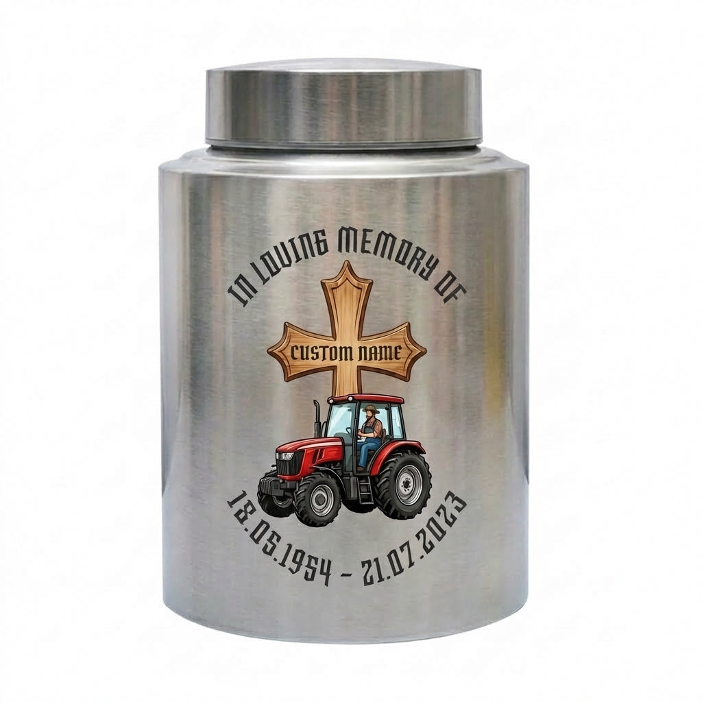 Personalized Farmer Tractor Gothic Cross Stainless Steel Urn for Human Ashes Loss of Father Grandfather Husband Decorative 5.9x3.9 7.5x5.1 Memorial Keepsake Urn, Memorial Gift, In Loving Memory - Image 2