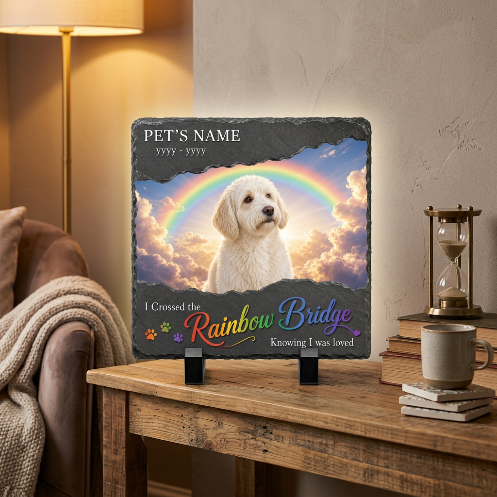 Personalized Rainbow Bridge Dog Memorial Slate Stone – Pet Loss Sympathy Gift - Image 2 | VNMGSREPR1-6IN-EHIEU_AI_0441 VNMGSREPR1-8IN-EHIEU_AI_0441