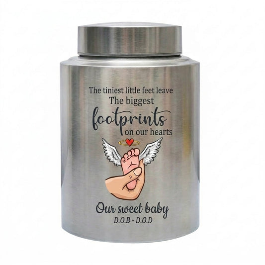Personalized Baby Footprints Infant Loss Stainless Steel Urn, Child Bereavement Keepsake Custom Dates, Two Sizes 5.9x3.9 7.5x5.1, Memorial Keepsake Urn, Memorial Gift, In Loving Memory - Image 2