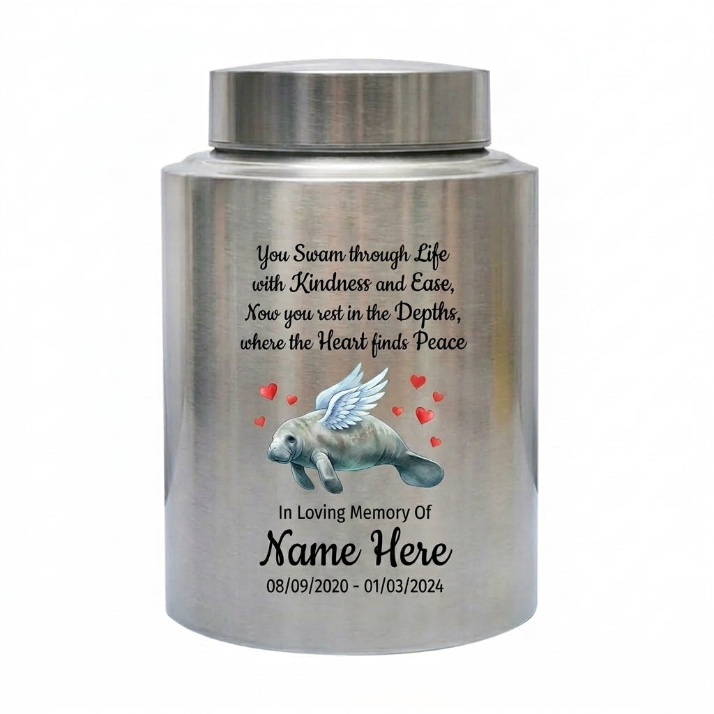 Personalized Manatee Beach Ocean Stainless Steel UV Printed Loss Of Loved One Marine Enthusiast Remembrance Keepsake Small Large Memorial Keepsake Urn, Memorial Gift, In Loving Memory - Image 2