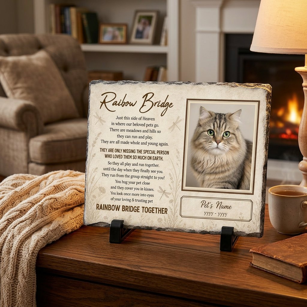 Personalized Rainbow Bridge Cat Memorial Garden Stone Rectangle for Pet Loss Gift - Image 2 | VNMGSREPR1-6IN-EHIEU_AI_0481 VNMGSREPR1-8IN-EHIEU_AI_0481