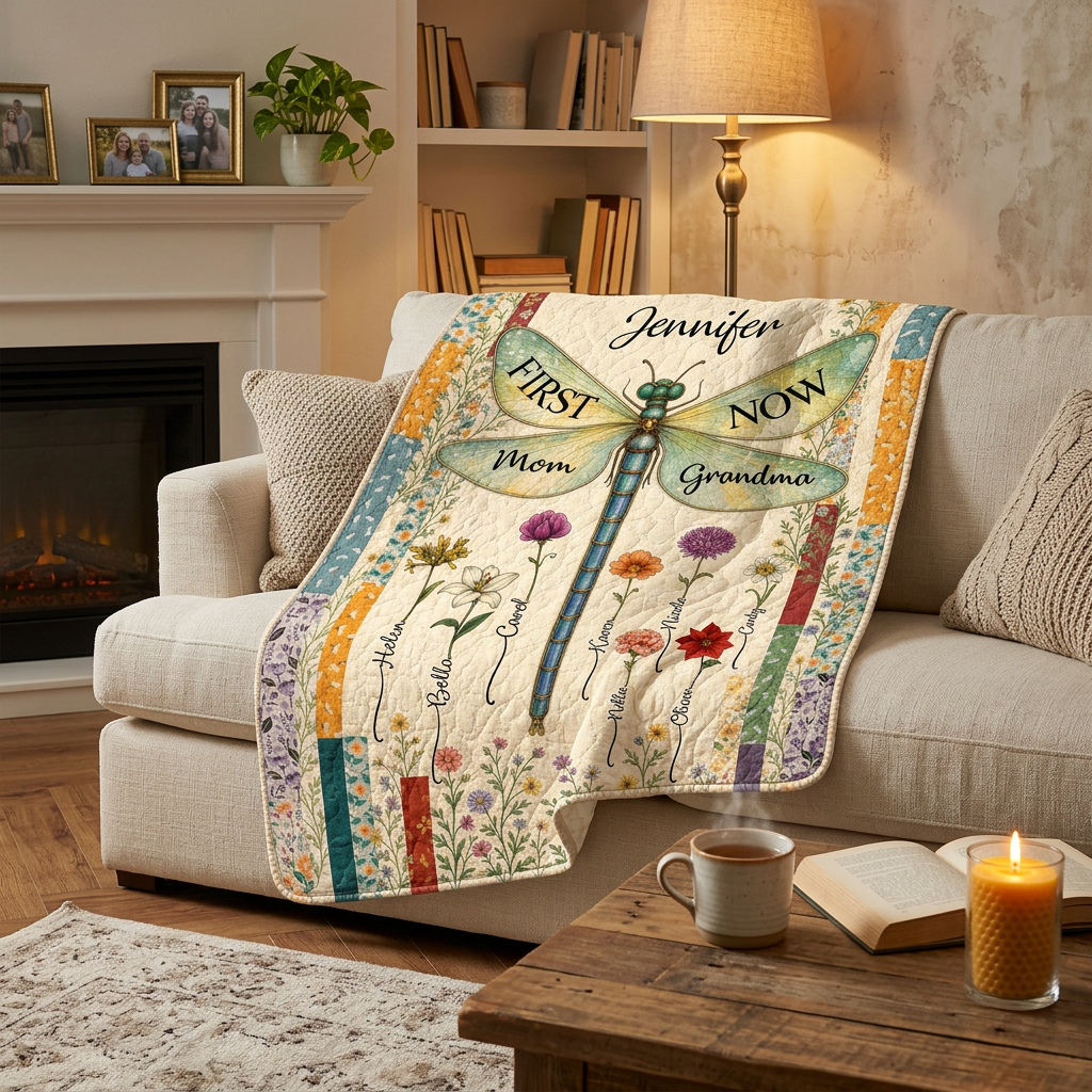 Personalized Dragonfly Birth Flower Fleece Blanket for Mom Grandma, First Now Family Gift - Image 2