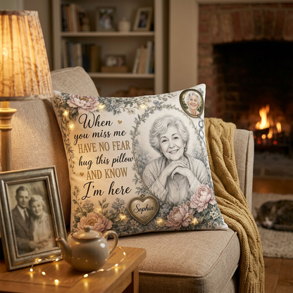 Personalized Memorial Photo Pencil Sketch Pillow, Have No Fear Hug This Pillow Sympathy Gift - Image 2