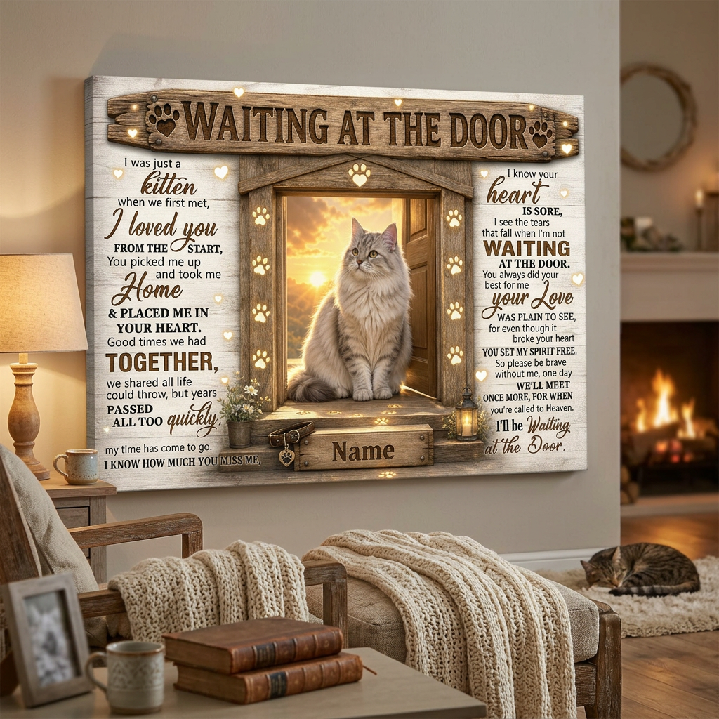 Personalized Cat Memorial Wall Canvas – Waiting at the Door Cat Loss Gift - Image 2