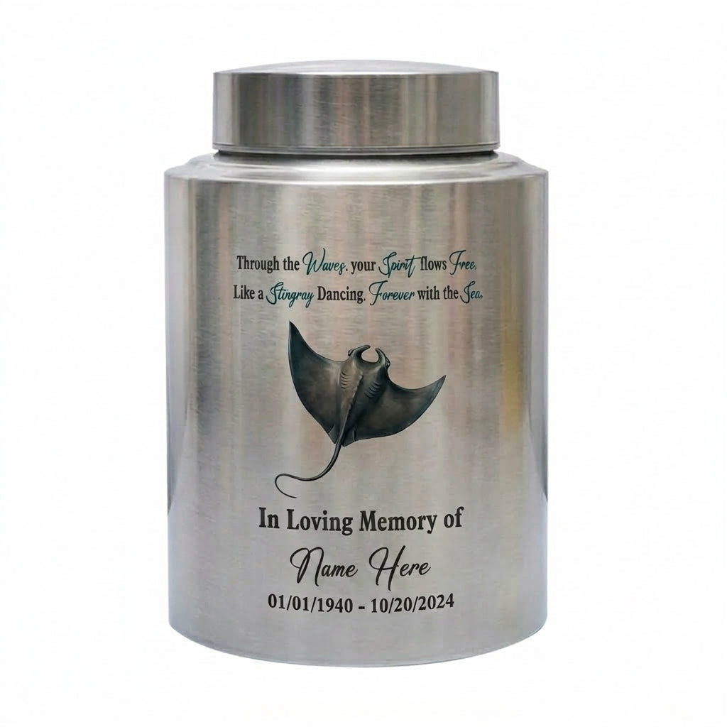 Personalized Stingray Beach Ocean Waves UV Printed Stainless Steel Urn for Loss of Loved One Marine Life Lover Large Ash Container Two Sizes Memorial Keepsake Urn, Memorial Gift, In Loving Memory - Image 2