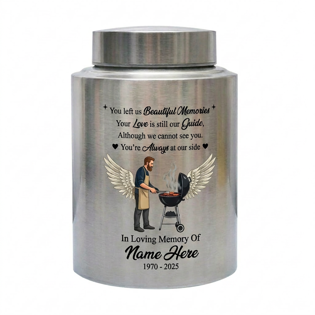 Personalized Grilling Dad BBQ Father UV Printed Stainless Steel Ash Holder Tribute for Husband Grandpa Silver Black Gold Red Small Large Memorial Keepsake Urn, Memorial Gift, In Loving Memory - Image 2