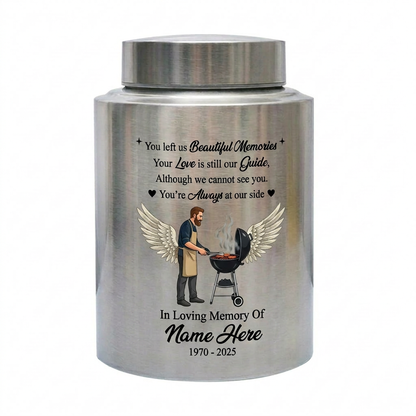 Personalized Grilling Dad BBQ Father UV Printed Stainless Steel Ash Holder Tribute for Husband Grandpa Silver Black Gold Red Small Large Memorial Keepsake Urn, Memorial Gift, In Loving Memory - Image 2