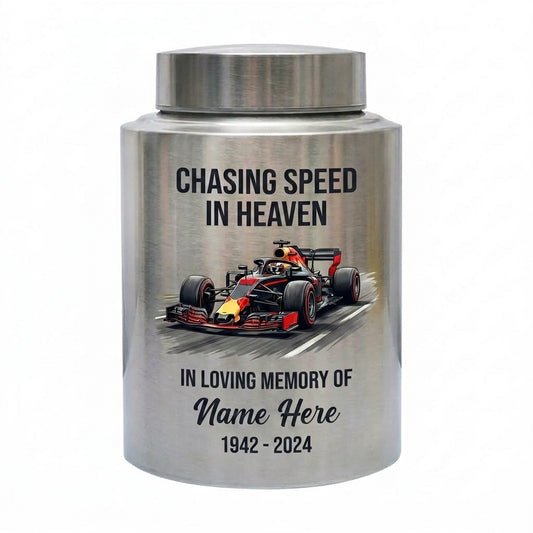 Personalized Racing Theme Stainless Steel Cremation Urn for Human Ashes, Custom Chasing Speed in Heaven Tribute for Motorsports Fans, 2 Sizes, Memorial Keepsake Urn, Memorial Gift, In Loving Memory - Image 2