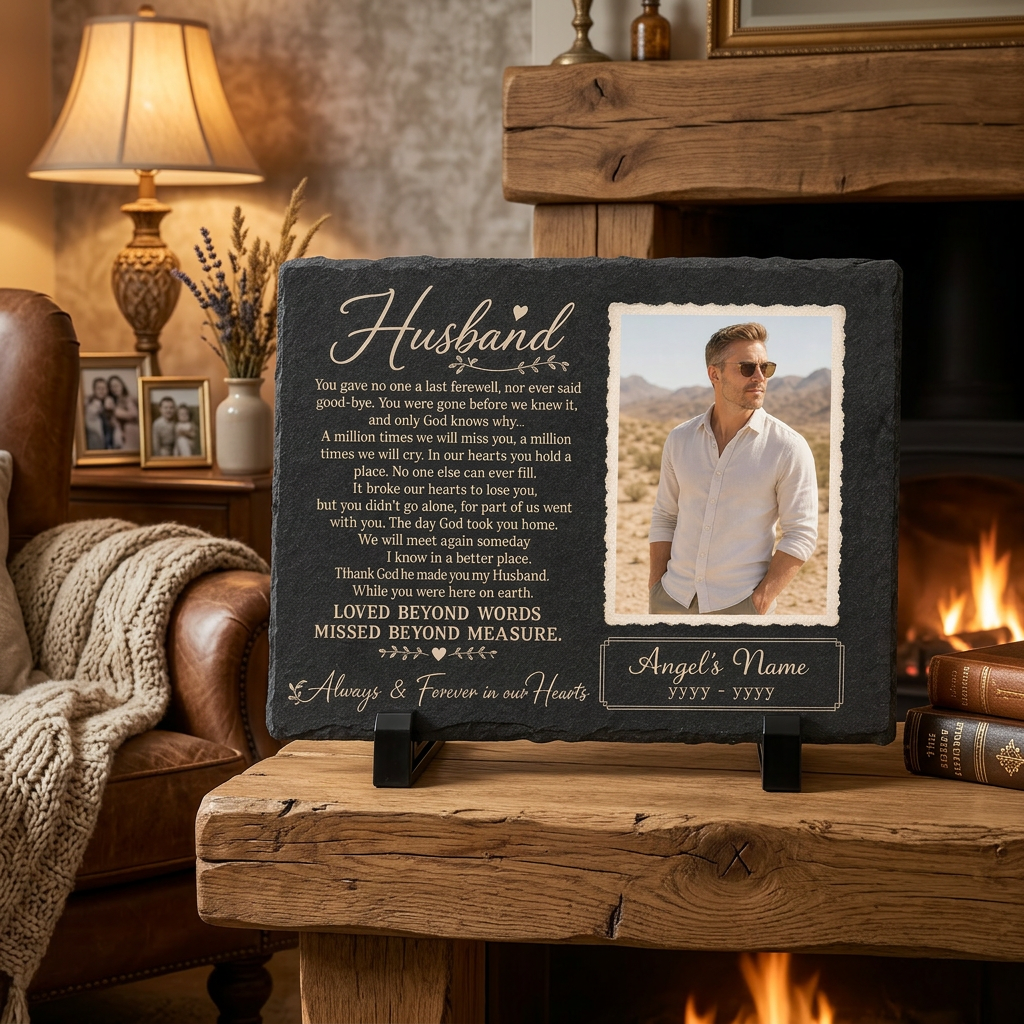 Personalized Photo Husband Memorial Garden Stone – Rectangle Slate – Loss of Husband - Image 2 | VNMGSREPR1-6IN-EHIEU_AI_0450 VNMGSREPR1-8IN-EHIEU_AI_0450