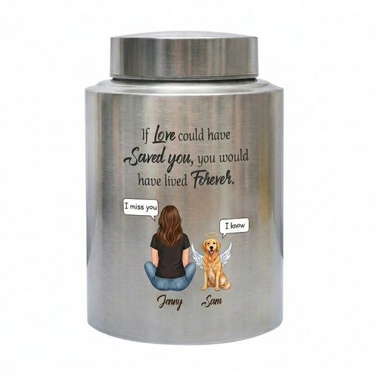 Personalized Woman and Dog Angel Silhouette Stainless Steel Pet Loss Urns for Ashes If Love Could Have Saved You Forever Quote Custom Names Memorial Keepsake Urn, Memorial Gift, In Loving Memory - Image 2