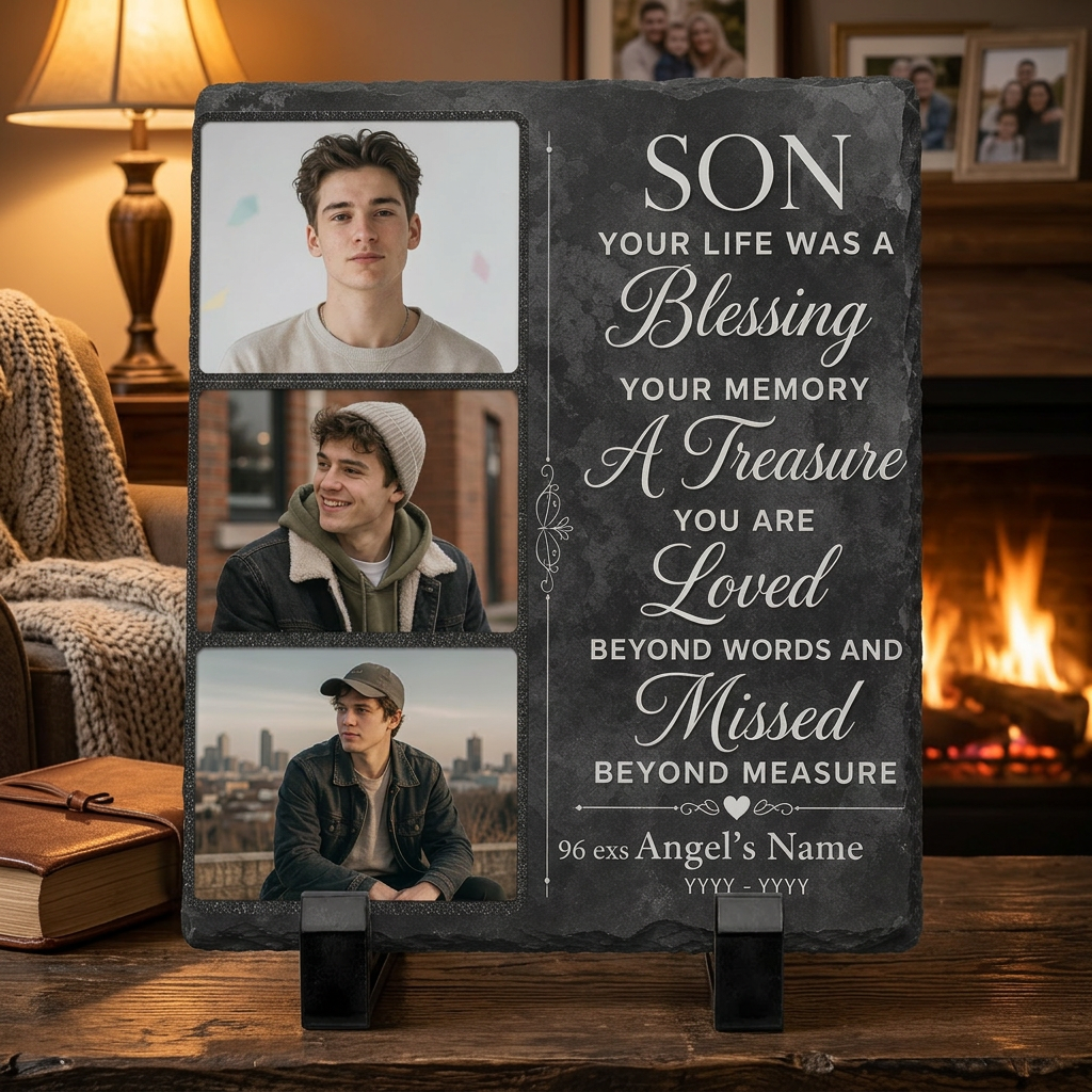Personalized Memorial Photo Slate Stone for Loss of Son, Custom Remembrance Gift - Image 2 | VNMGSREPR1-6IN-EHIEU_AI_0424 VNMGSREPR1-8IN-EHIEU_AI_0424