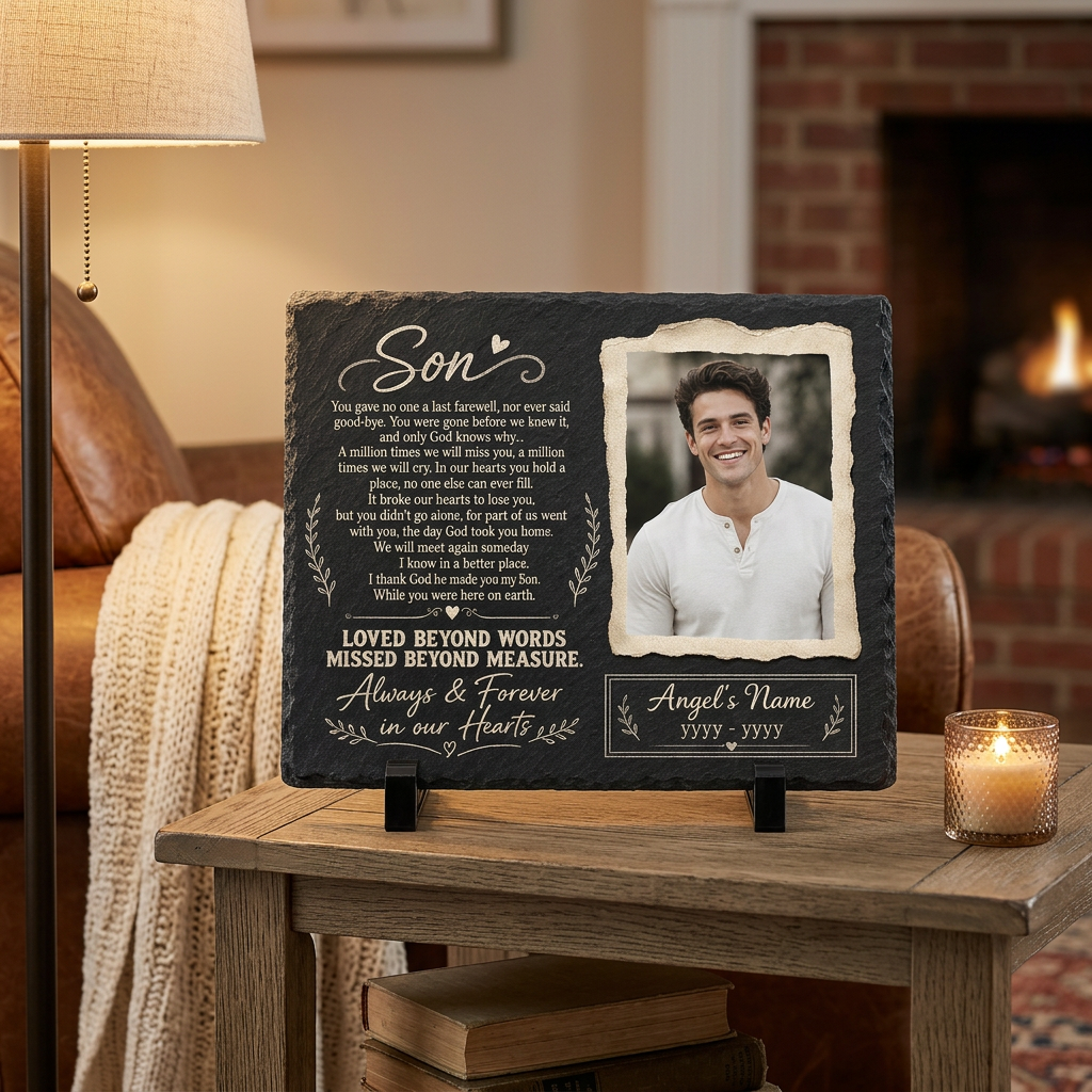 Personalized Son Memorial Garden Stone – Custom Photo Slate Plaque for Loss of Son - Image 2 | VNMGSREPR1-6IN-EHIEU_AI_0447 VNMGSREPR1-8IN-EHIEU_AI_0447